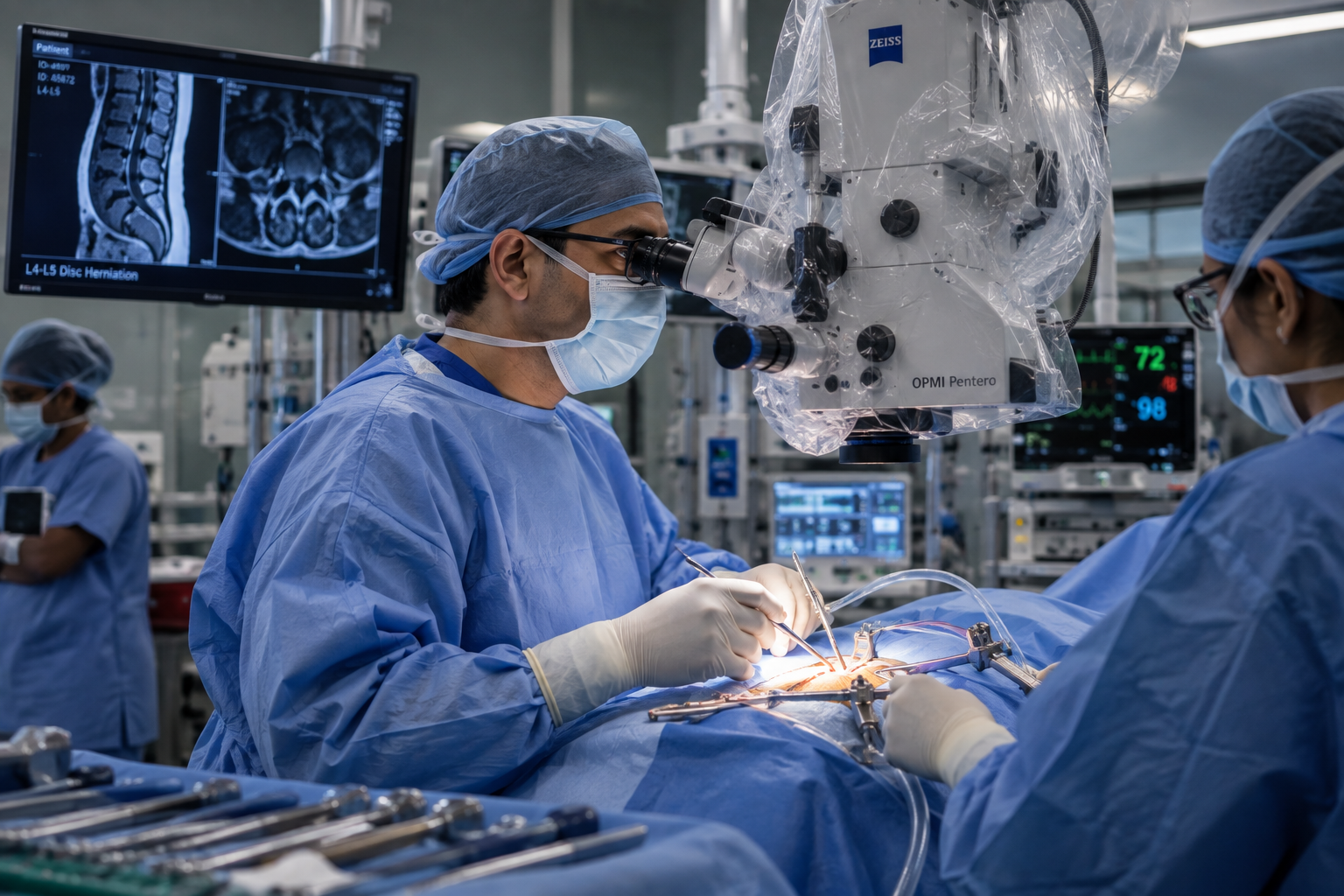 spine surgery using operating microscope spine surgeon operating on spine using operating microscope
